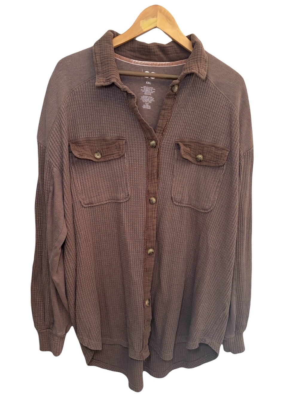 SO Waffle Knit Gauze Oversized Button-Down Shacket Brown Women’s XXL Boho
